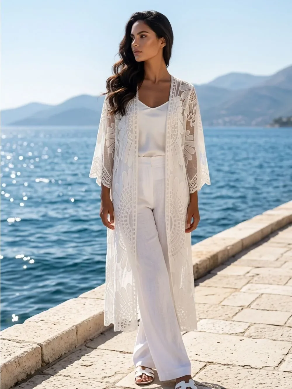 Cream Lace Crochet Boho Kimono Duster Cover Up